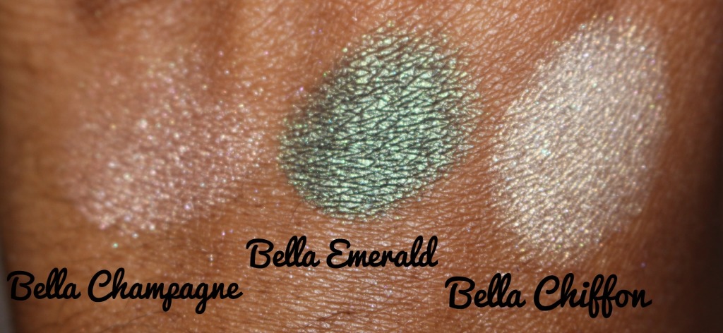 Milani Cosmetics Bella Gel Powder Eyeshadow Bella Champagne Bella Emerald and Bella Chiffon.jpg