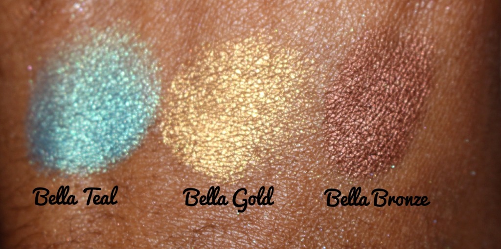 Milani Cosmetics Bella Gel Powder Eyeshadow Bella Teal Bella Gold and Bella Bronze.jpg