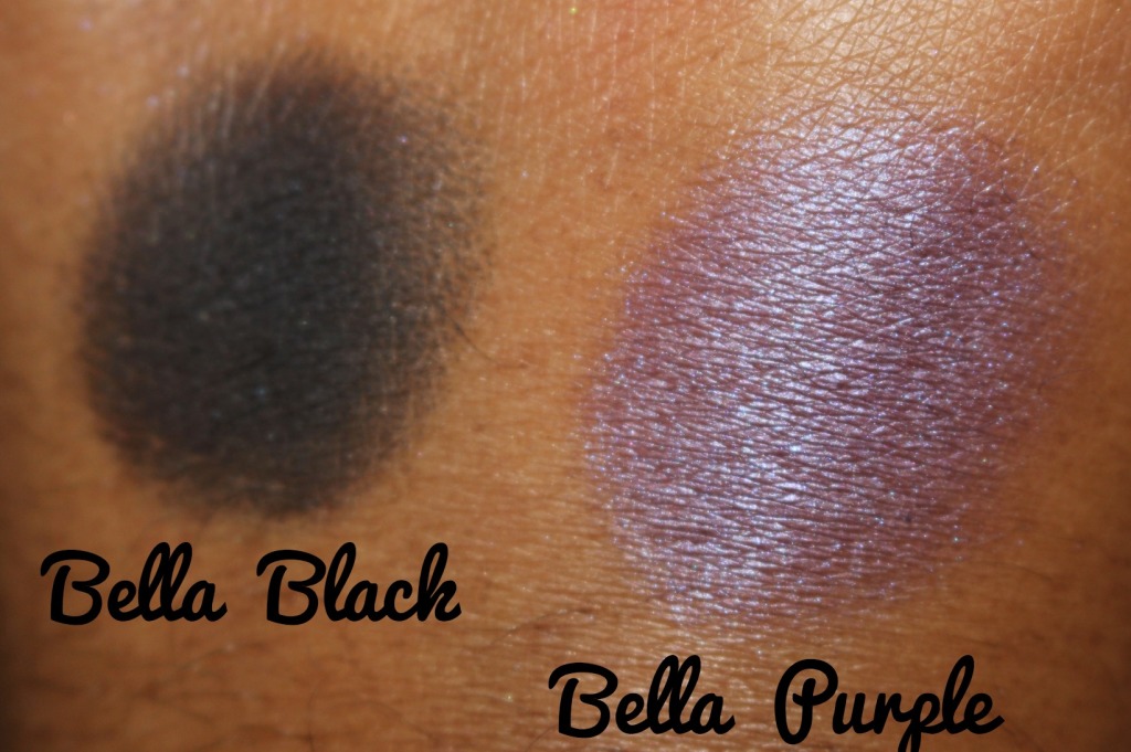 Milani Cosmetics Bella Gel Powder Eyeshadow Swatches Bella Black and Bella Purple.jpg