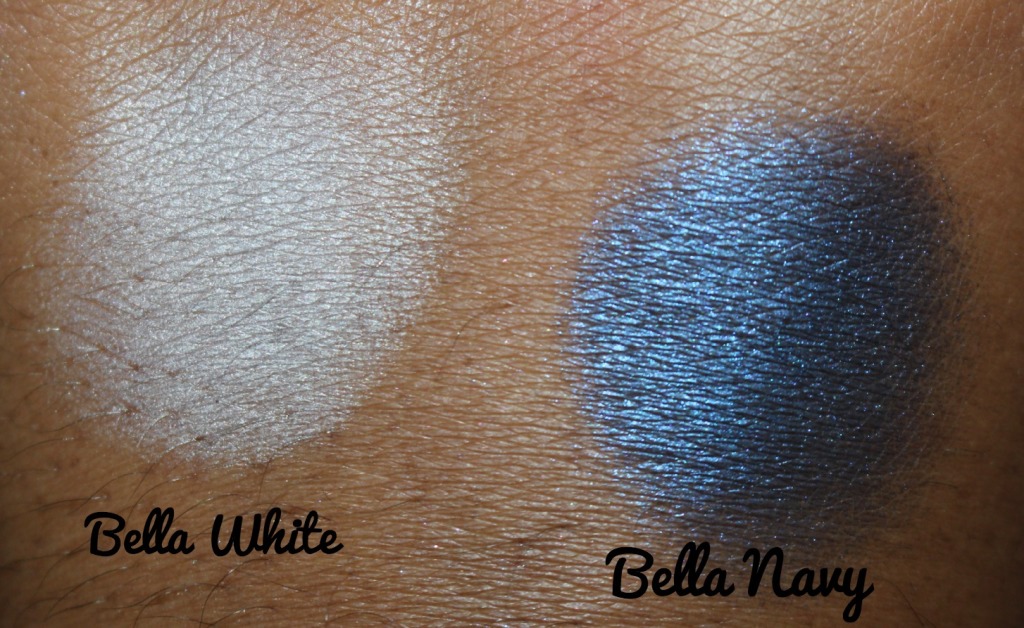 Milani Cosmetics Bella Gel Powder Eyeshadow Swatches in Bella White and Bella Navy.jpg